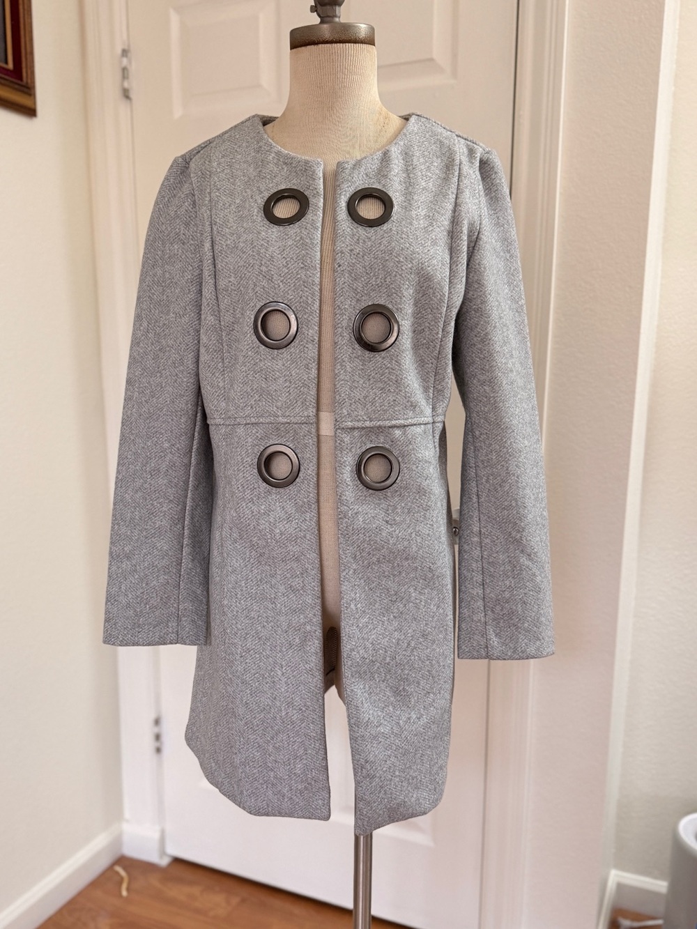 Womens Light Gray Open-Front Coat with Grommet Details